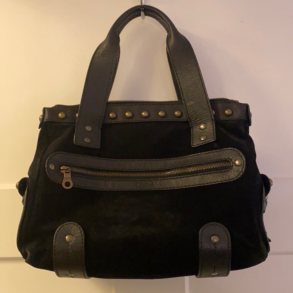 Chloe black suede leather trim + nail heads Bag